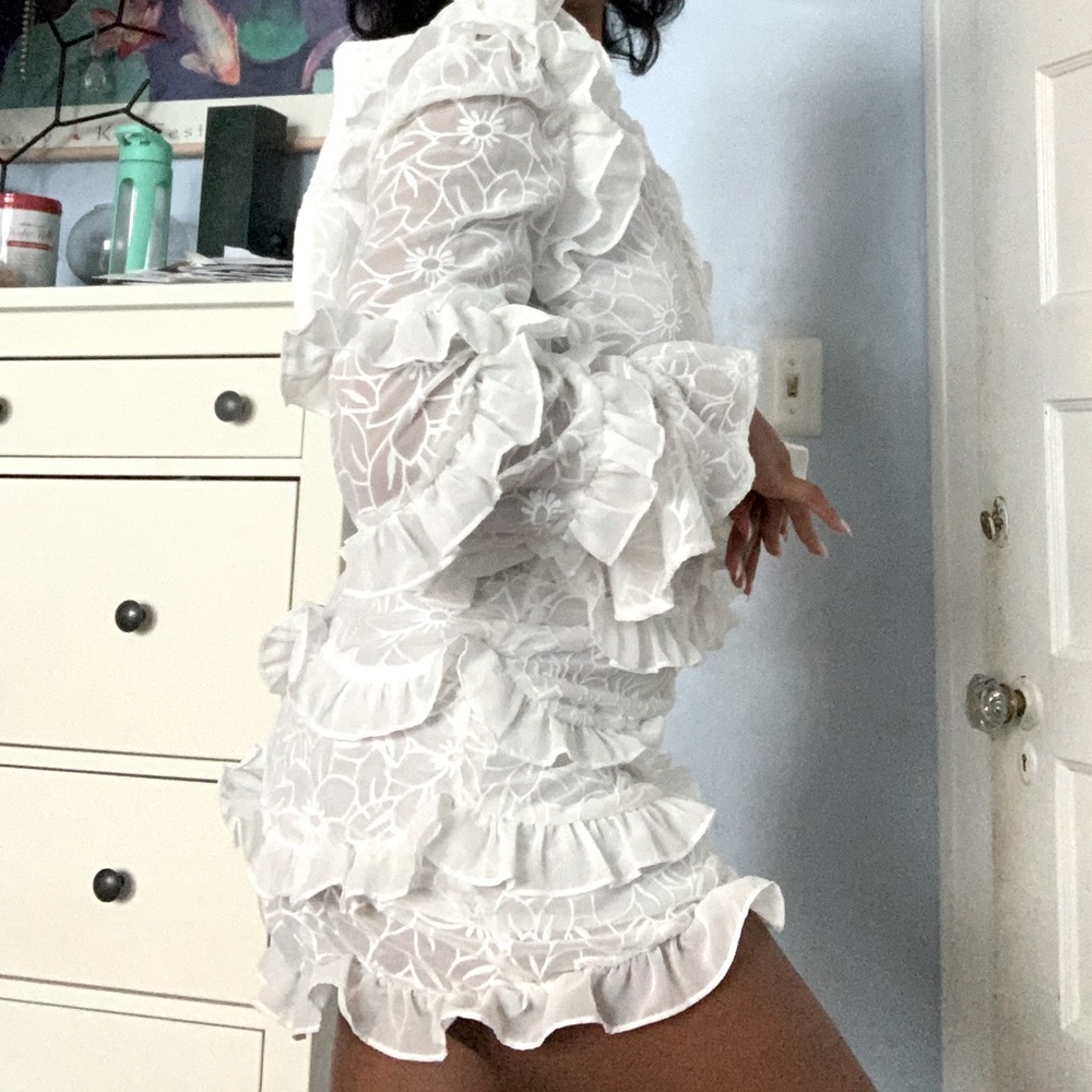 PLT: White Embroidered Chiffon Frill Shift Dress